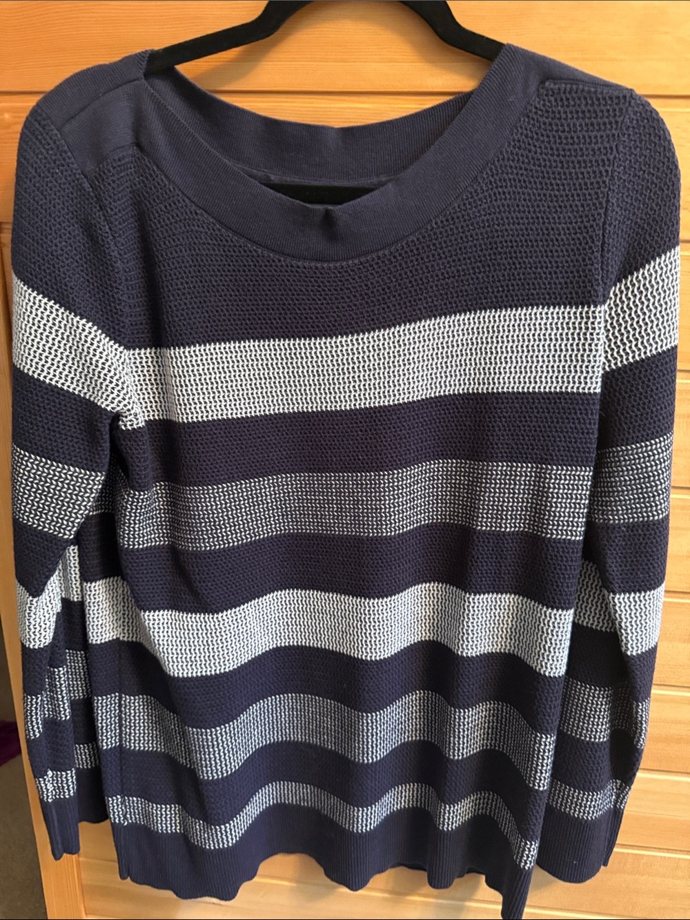 Market & Spruce Navy and White Striped Crewneck Sweater